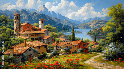Idyllic Village Life: Oil painting of a peaceful village surrounded by fields and forests