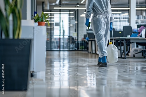 A cleaner sanitizing and disinfecting high-touch surfaces in an office space, promoting a healthy work environment, Generative AI