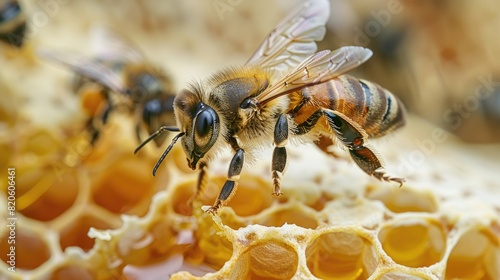 A bee is in flight within the hive, near the honeycomb filled with sweet honey. Close-up view