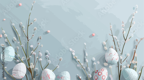 Painted Easter eggs and pussy willow branches on ligh