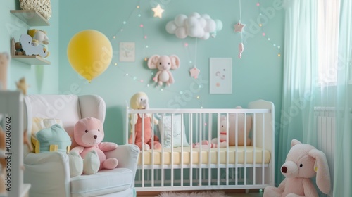 A cozy, pastel-toned nursery decorated with rainbow-themed accents, a crib, soft toys, and wall decorations, with ample copy space on the walls and floor