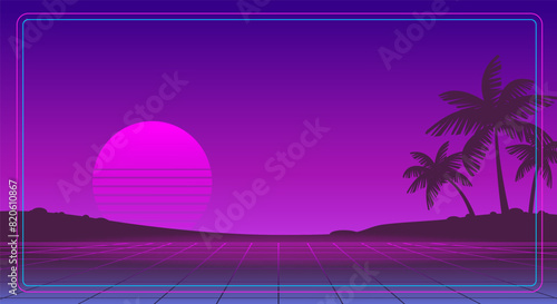 Retro futuristic sunset landscape of 80-90s style with grid background with palms silhouette on the neon beach - cyberpunk vector dsgn for Synthwave music cover and surf party banner design