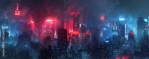 A dystopian cityscape cloaked in perpetual darkness, with towering skyscrapers and flickering neon lights casting eerie shadows on the deserted streets below. illustration.