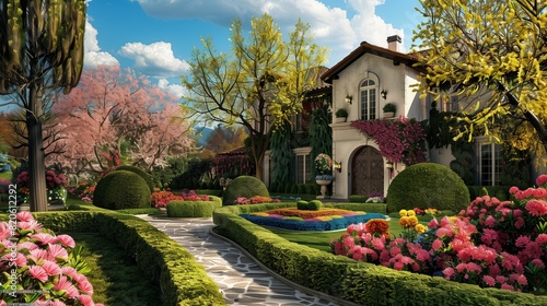 A picturesque European villa nestled amidst a lush garden landscape, with colorful flowers blooming and manicured hedges lining the pathway to the elegant entrance.