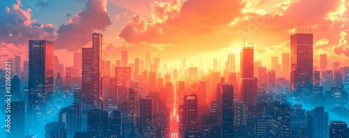 A futuristic metropolis where gleaming skyscrapers stretch towards the sky, their sleek designs a testament to human ingenuity. illustration.