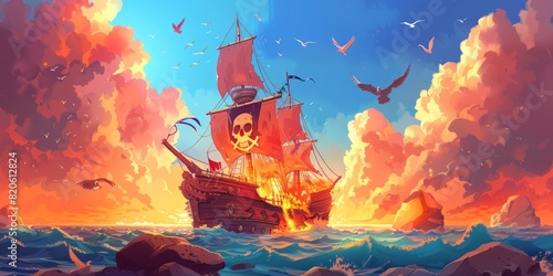 Shipwreck after pirate ship attack. cartoon of sailboat burning, vintage corsair vessel with jolly roger skull on black flag, clouds and birds in summer sky, stones above sea illustration