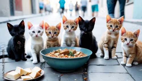 A charming scene of six kittens, with three black, two orange, and one black-and-white, seated around a food bowl in a narrow city alley, looking curiously at the camera.. AI Generation