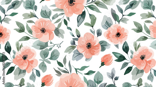 Pink green flower watercolor pattern for background f