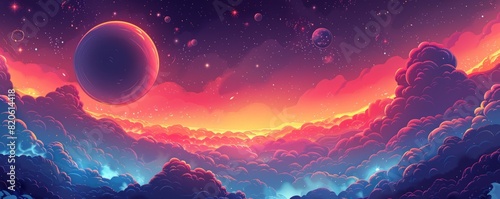 A celestial dreamscape where planets orbit distant stars, their surfaces obscured by swirling clouds and turbulent storms. illustration.