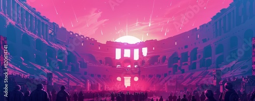 A cybernetic coliseum where mechanized gladiators battle for supremacy amidst the cheers of the crowd, and futuristic technology merges with ancient tradition in a spectacle of combat. illustration.