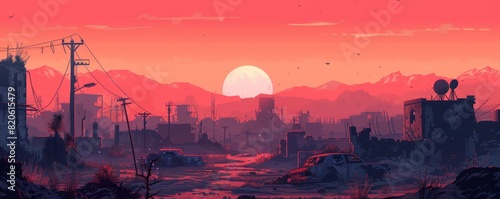A post-apocalyptic wasteland where the ruins of civilization lie buried beneath layers of ash and rubble, with only the echoes of a bygone era to haunt the desolate landscape. illustration.