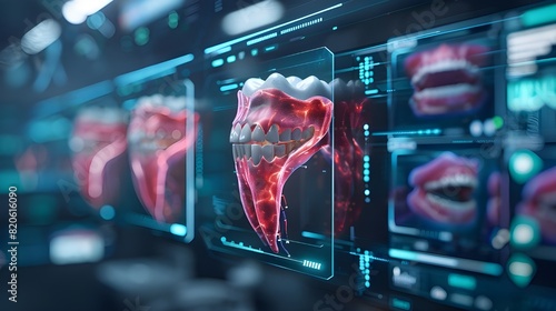 Future dental clinic tooth anatomy, advanced modern health care technology dentist, 3d illustration of holographic x-ray digital display, innovative dentistry science oral medicine implant treatment.