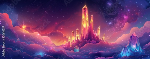 A celestial citadel floating amidst the stars, its crystalline spires reaching towards the heavens in an eternal quest for enlightenment. illustration.