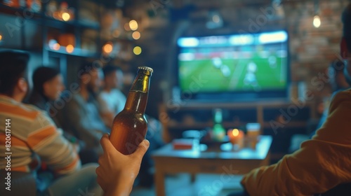 overshoulder shot group friends chips beer in front of television with European championship football tV out of focus