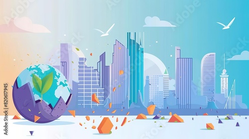 A city is growing out of the earth, with the earth cracking. The sky is a gradient of blue and purple, and the city is made up of tall buildings and skyscrapers.