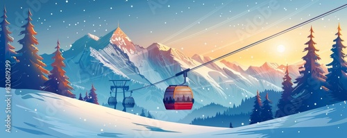 a scenic view of a cable car and a ski resort against a backdrop of majestic winter mountains. simple illustration