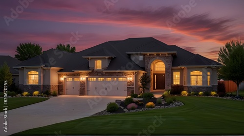 Luxury home during twilight golden hour with pink and purple sky and lush landscaping in Nebraska USA.generative.ai 