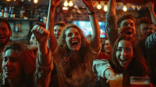 Sport fans cheering for their favourite sports team in a pub at public viewing
