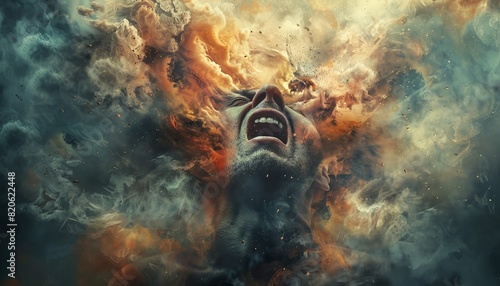 Highdetail picture illustrating anger and stress, person turning head sharply towards sky, body language conveying frustration, abrupt change in direction, Midjourney creation