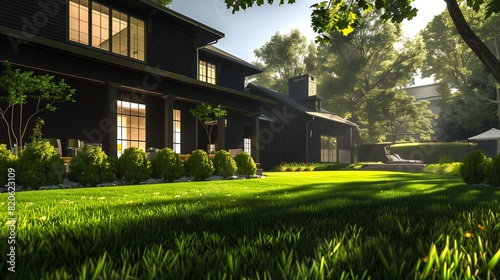 An elegant home with a chic black exterior and a lush green lawn, the sunlight dancing off its clean lines and creating a picturesque scene of modern elegance.