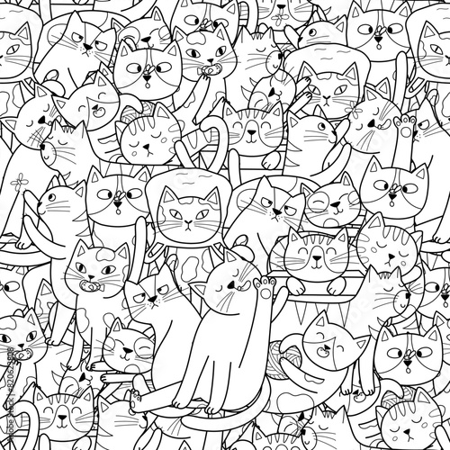 Cute doodle cats black and white seamless pattern for kids. Funny feline characters coloring page. Outline background. Vector illustration