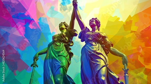 Two statues of women with the stands colorful background