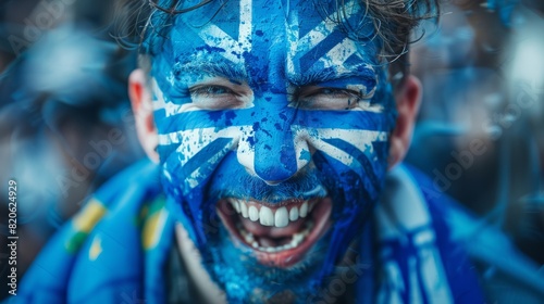 Vibrant Portrait of a Joyful male Scotland Supporter with a Scottish Flag Painted on His Face, Celebrating at UEFA EURO 2024
