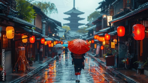 The enchanting streets of Gion in Kyoto, with geisha walking under umbrellas in the rain