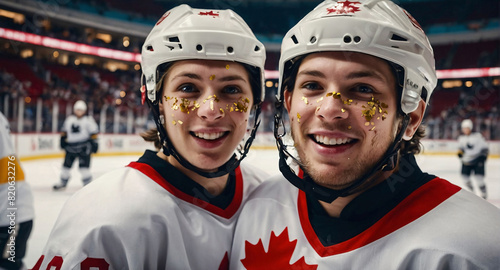Smiling male hockey players playing for Canada national team, gold confetti in the background after winning championship