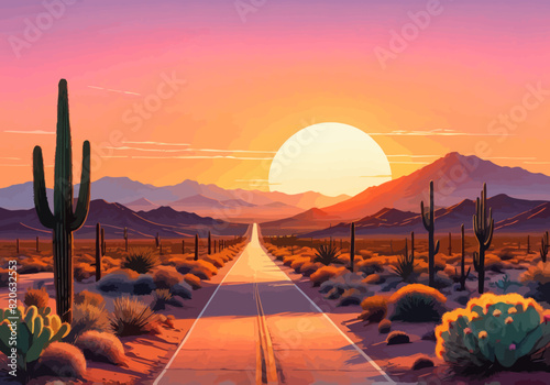 a painting of a road leading to a sunset