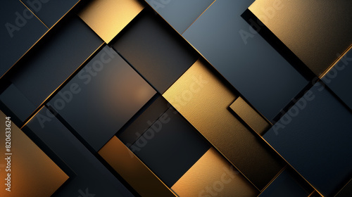 black and gold metallic layered geometric shapes arranged on a black background. luxury, elegance, and modernity 