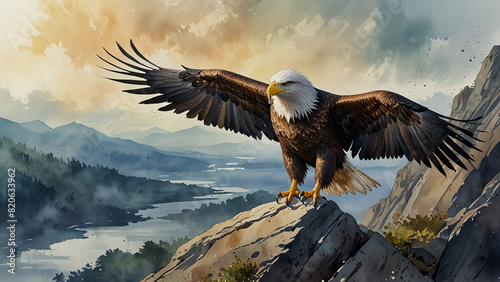 Watercolor painting: An eagle perched on a cliff edge, its fierce gaze and powerful talons a symbol of strength and freedom.