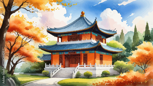a painting of a pagoda in a park