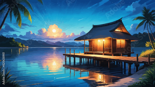 a painting of a hut on a dock at sunset