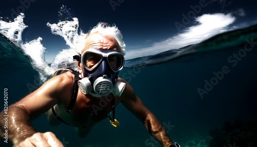 An energetic elderly man scuba diving underwater, exploring marine life, with bubbles rising towards the ocean's surface.. AI Generation