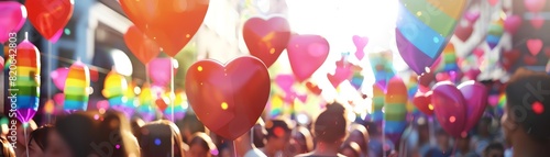 Colorful heart-shaped balloons float at a vibrant outdoor festival, celebrating love and diversity under the bright sunlight.