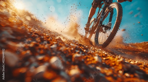 Close-up shot of a mountain biker riding through a muddy trail on a sunny day, with mud splashes visible