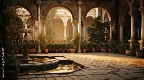 The courtyard of the cathedral de mallorca. AI generated art illustration.