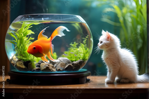 White kitten watching at aquarium fish