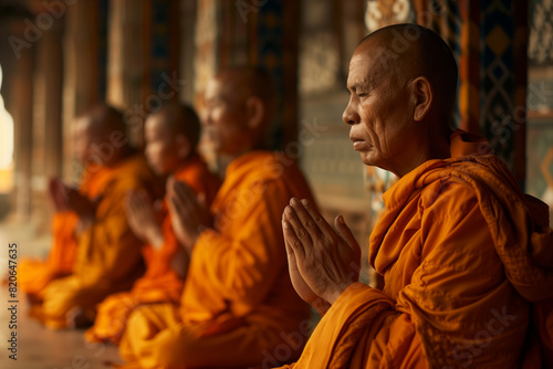 Monks in Orange Robes Chanting Peacefully in a Sacred Temple Setting
