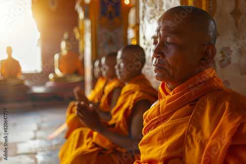 Monks Chanting in Peaceful Harmony Wearing Orange Robes in a Temple