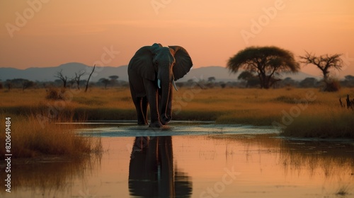 Majestic African elephant standing by the water against an orange sunset in the savannah