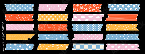 Set of torn scotch tape with colorful patterns. Design elements for decorations, scrapbooking, design templates, banner and sticker.