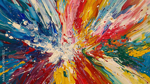 Dynamic splashes of vibrant colors streaking across the canvas in an action painting, capturing the energy and movement of the artist's gestural brushstrokes.