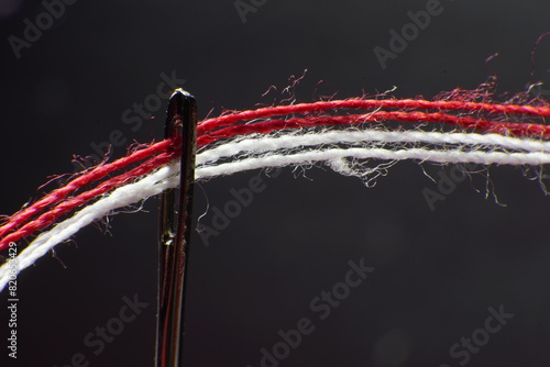 Macro photography of the red and white flag tucked into the eye of a needle