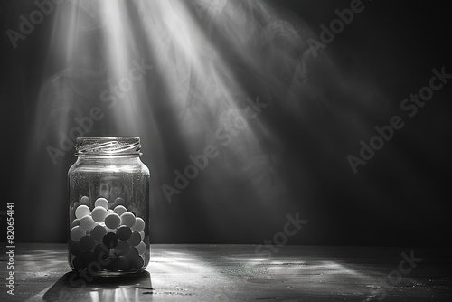 Group of assorted white capsule tablets in the transparent glass medicine bottle with black background - Image