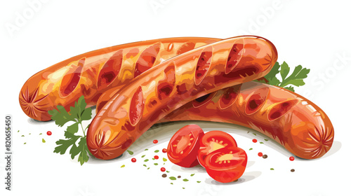 Tasty sausages with tomatoes on white background vector