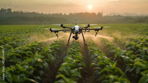 Aerial view of Spraying agricultural chemicals from a drone in the field. Generative AI.