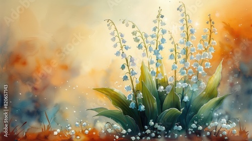 lilies of the valley grow in a clearing on a sunny spring day, watercolor illustration.