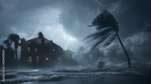 Stormy ocean with lightning and palm trees